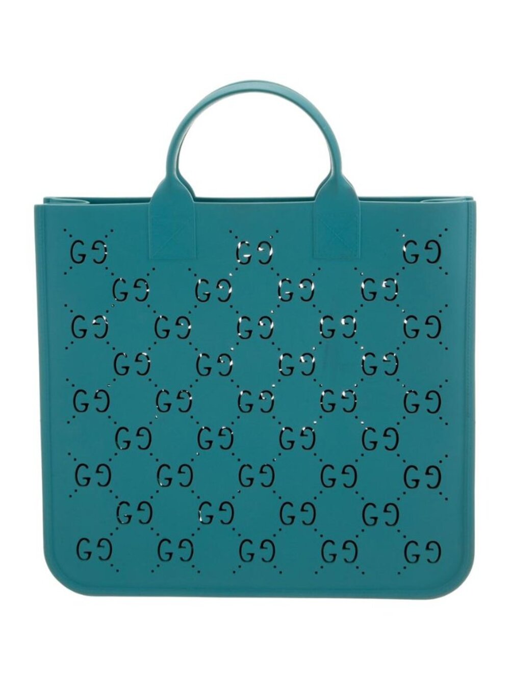 Gucci GG Rubber Tote Bag Blue Laser Cut Logo Top Handle Unlined Italy, LUX